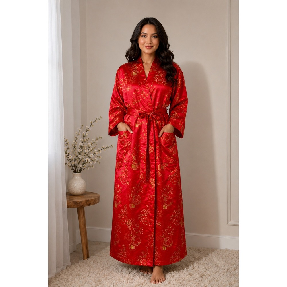 Luxury Asian‎ Inspired Satin Robe Kimono Loungewear Red Gold S-XL Embroidered